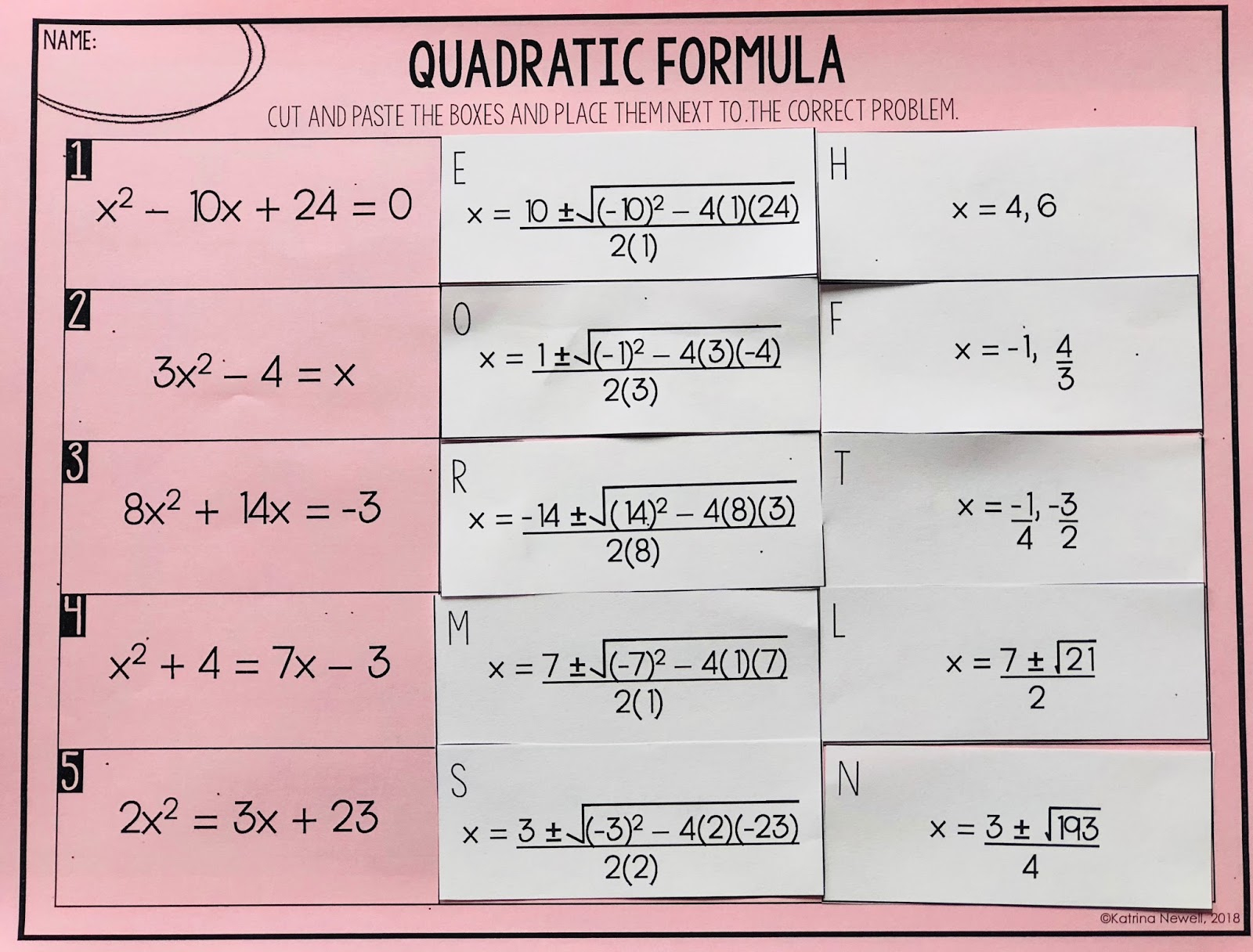 Mrs Newell s Math Quadratic Formula Activity