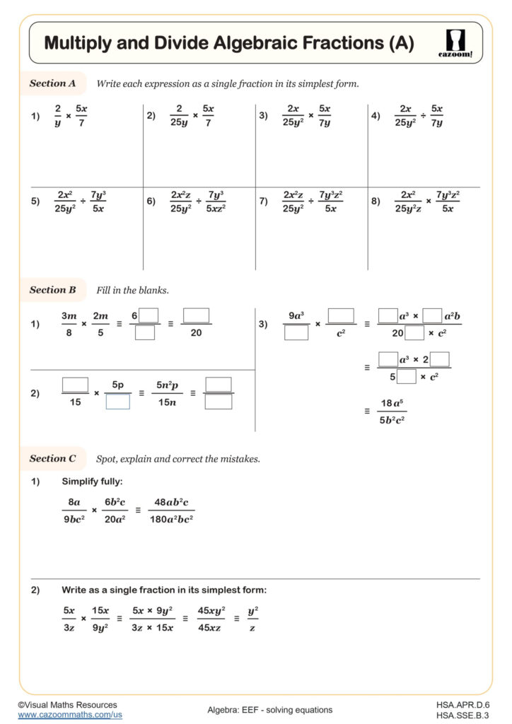 Multiply And Divide Algebraic Fractions A Worksheet Fun And Engaging High School Algebra Worksheet Cazoom Math Multiply And Divide Algebraic Fractions A Worksheet Fun And Engaging High School Algebra Worksheet Cazoom Math