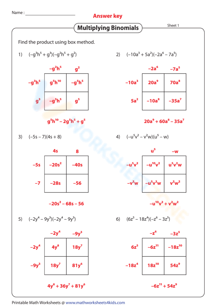 Multiplying Binomial Using Box Method Worksheet Worksheets Library
