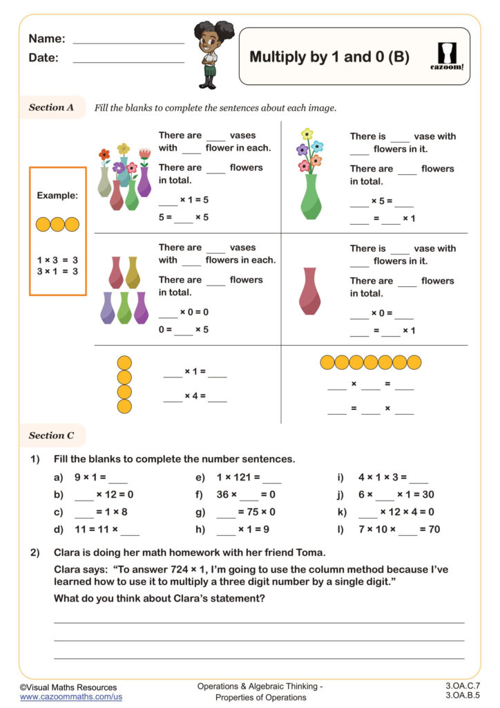 Multiplying By 1 And 0 B Worksheet Fun And Engaging 3rd Grade Operations Algebraic Thinking Worksheet Cazoom Math
