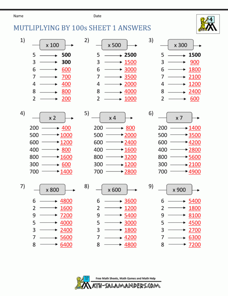 Multiplying By 100s Sheet 1 Answers Multiplying By 100s Sheet 1 Answers