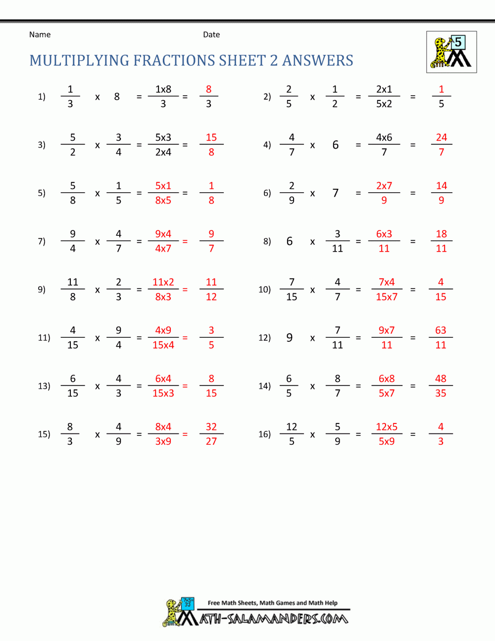 Multiplying Fractions Worksheet