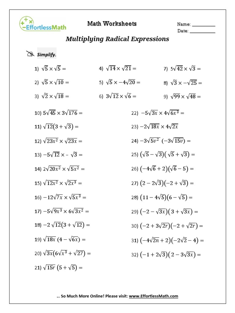 Multiplying Radical Expressions Worksheet PDF Worksheets Library