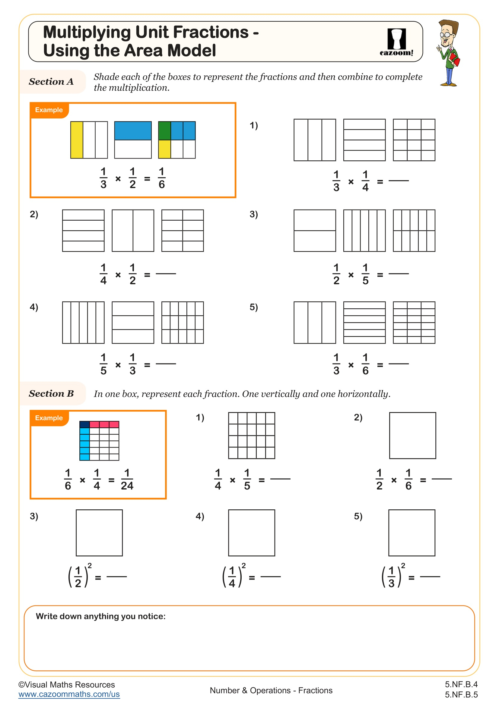 Multiplying Unit Fractions Using The Area Model Worksheet Fun And Engaging 5th Grade Number And Operations Worksheet Cazoom Math