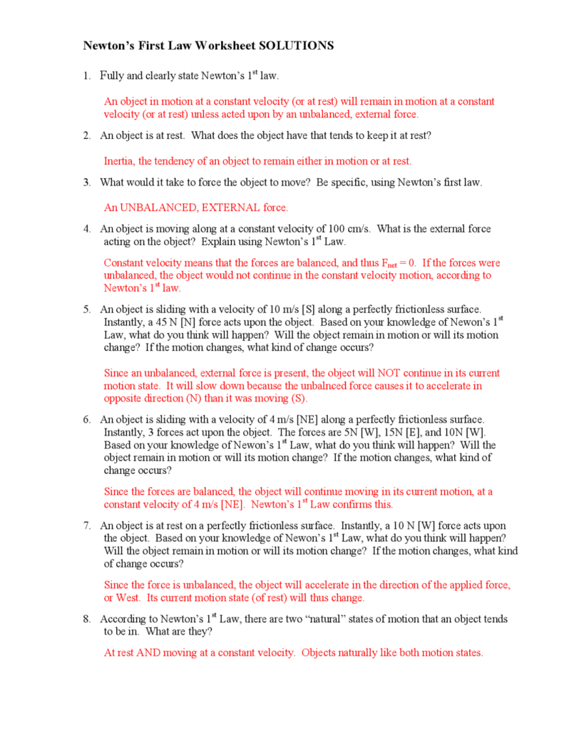 Newton s First Law Worksheet SOLUTIONS Schemes And Mind Maps Law Docsity