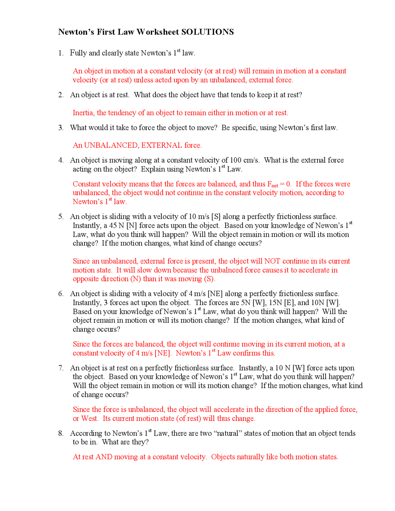 Newton s First Law Worksheet SOLUTIONS Schemes And Mind Maps Law Docsity