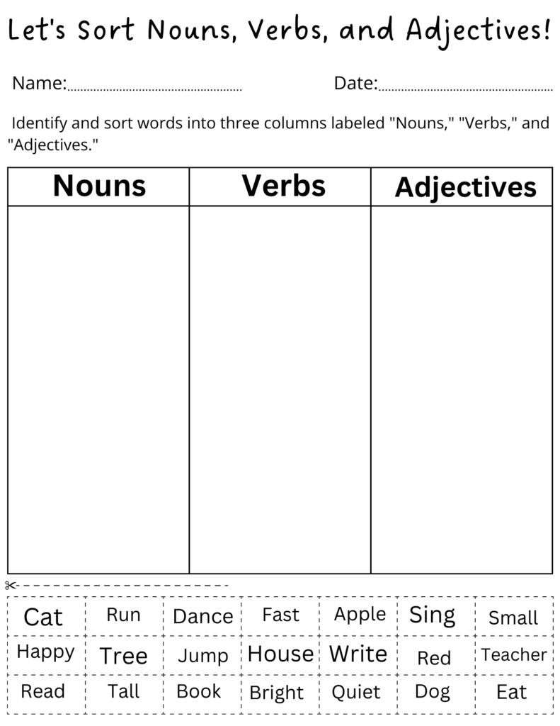 Noun Verb Adjective Sorting Worksheet Grade 1 Made By Teachers Noun Verb Adjective Sorting Worksheet Grade 1 Made By Teachers