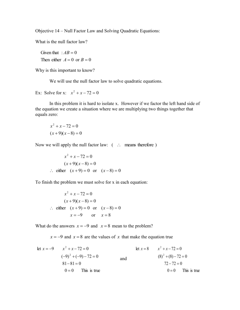 Null Factor Law Quadratic Equations Solving For X