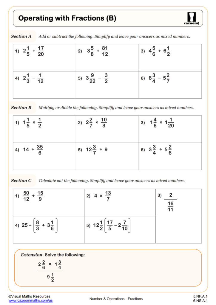 Operations With Fractions B Worksheet PDF Printable Number Operations Worksheet Cazoom Math Operations With Fractions B Worksheet PDF Printable Number Operations Worksheet Cazoom Math