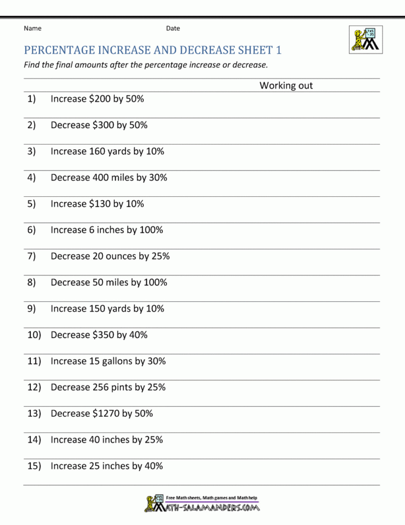 Percentage Increase And Decrease Worksheets