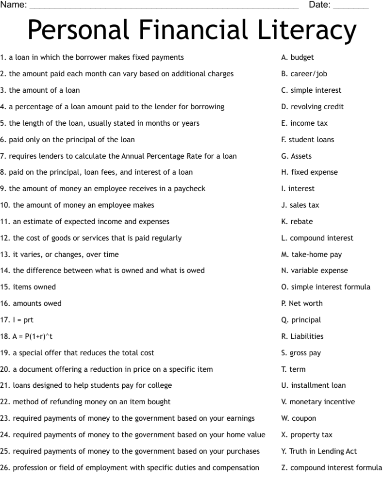 Personal Financial Literacy Worksheet WordMint Worksheets Library