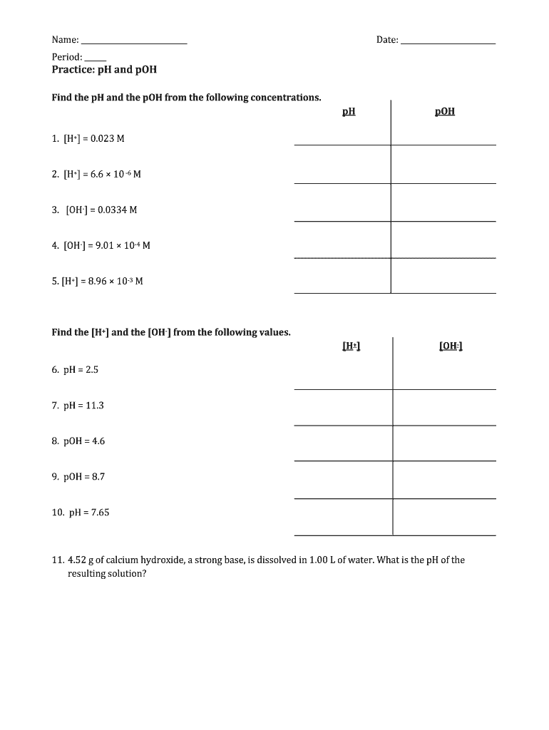 Ph And Poh Calculations Worksheet Fill Out Sign Online DocHub