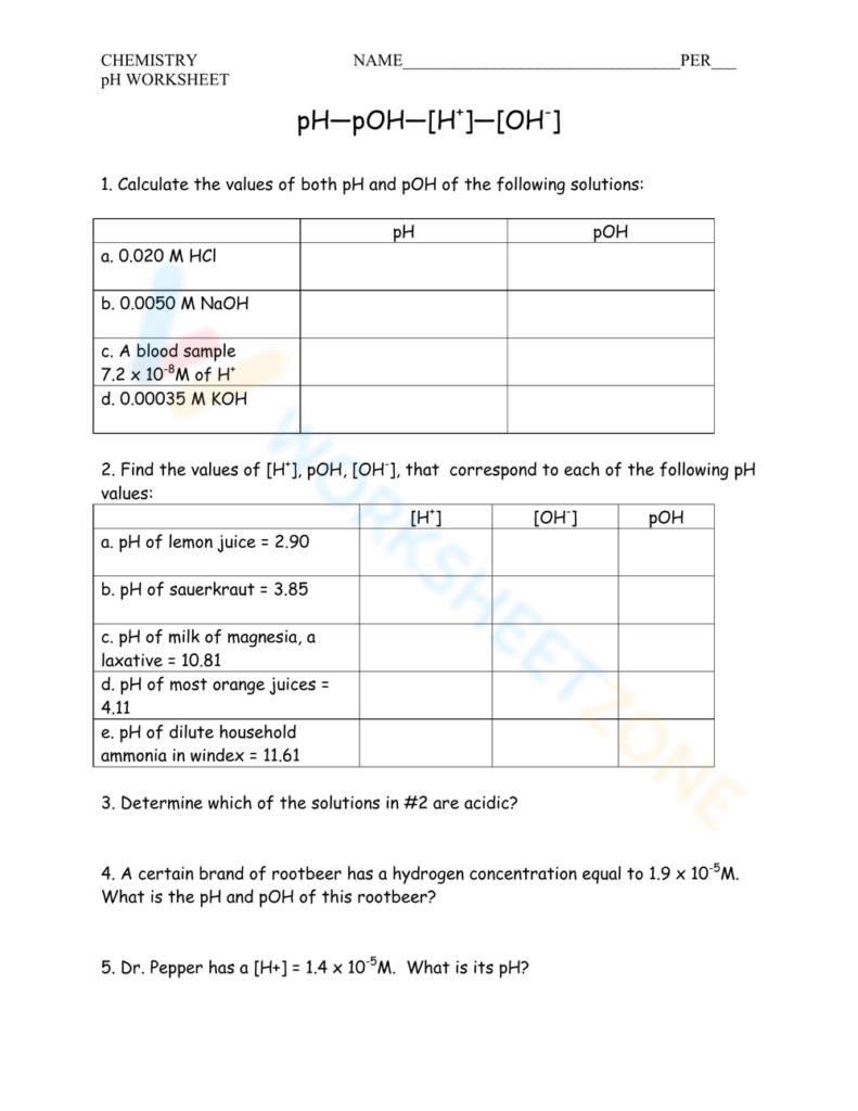 Ph And Poh Calculations Worksheets