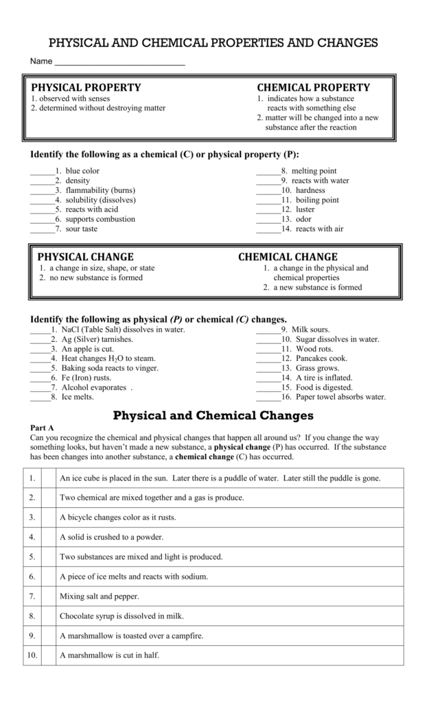 Physical Chemical Properties Worksheet Physical Chemical Properties Worksheet