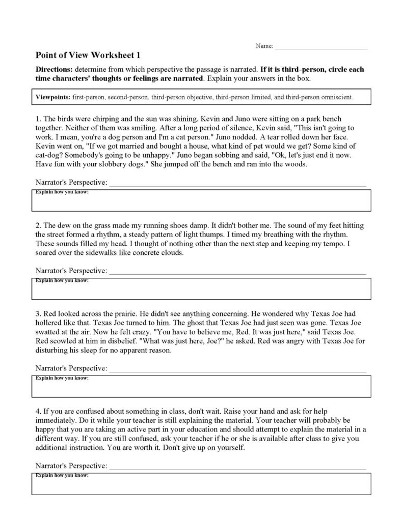 Point Of View Worksheet 1 Reading Activity