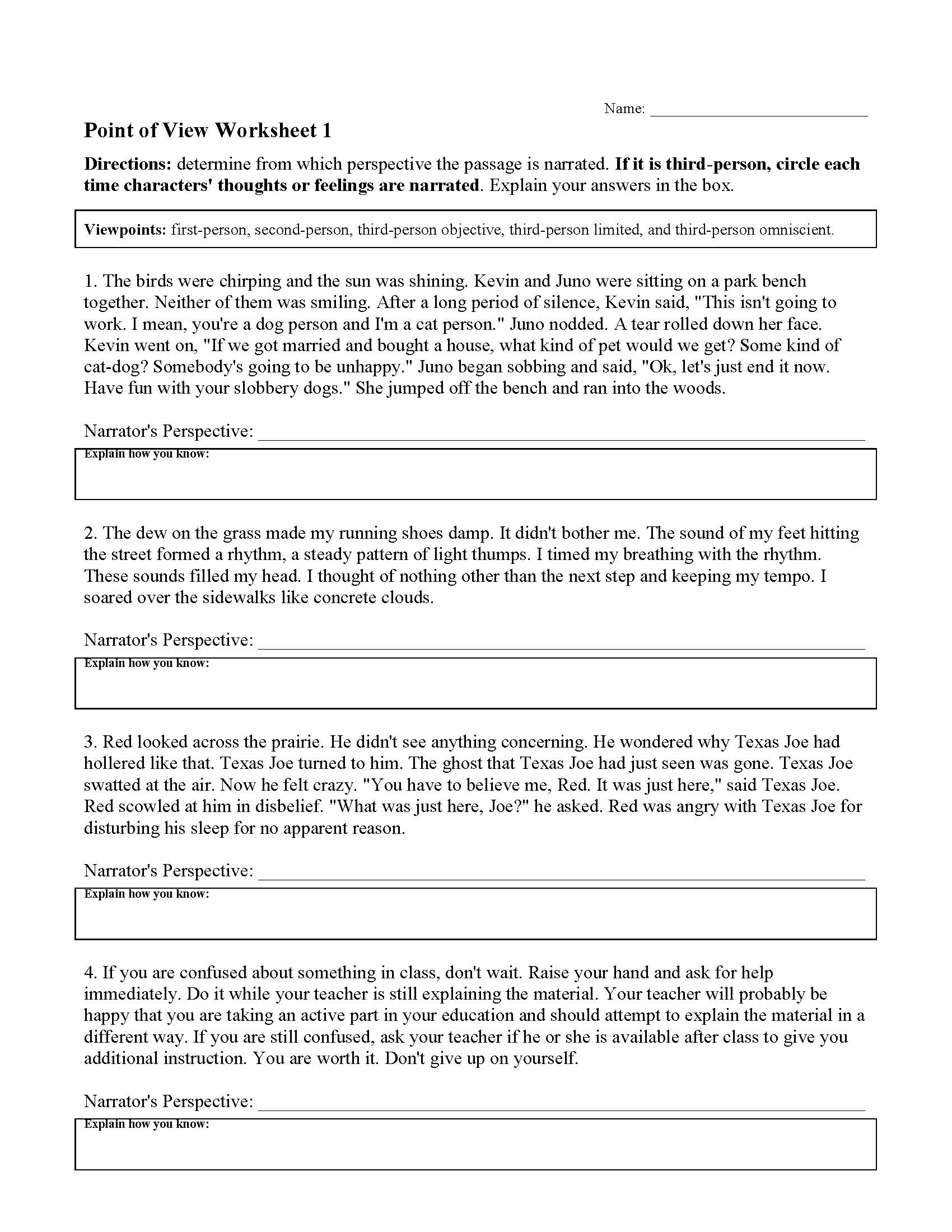 Point Of View Worksheet 1 Reading Activity