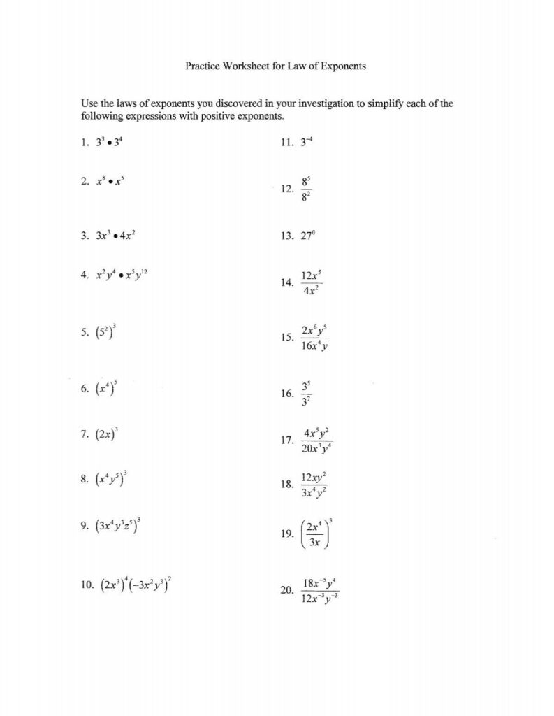 Practice Worksheet For Law Of Exponents Use The Laws Of Wveis Practice Worksheet For Law Of Exponents Use The Laws Of Wveis