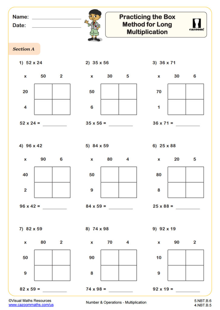 Practicing The Box Method For Long Multiplication Fun And Engaging 5th Grade PDF Worksheets Cazoom Math