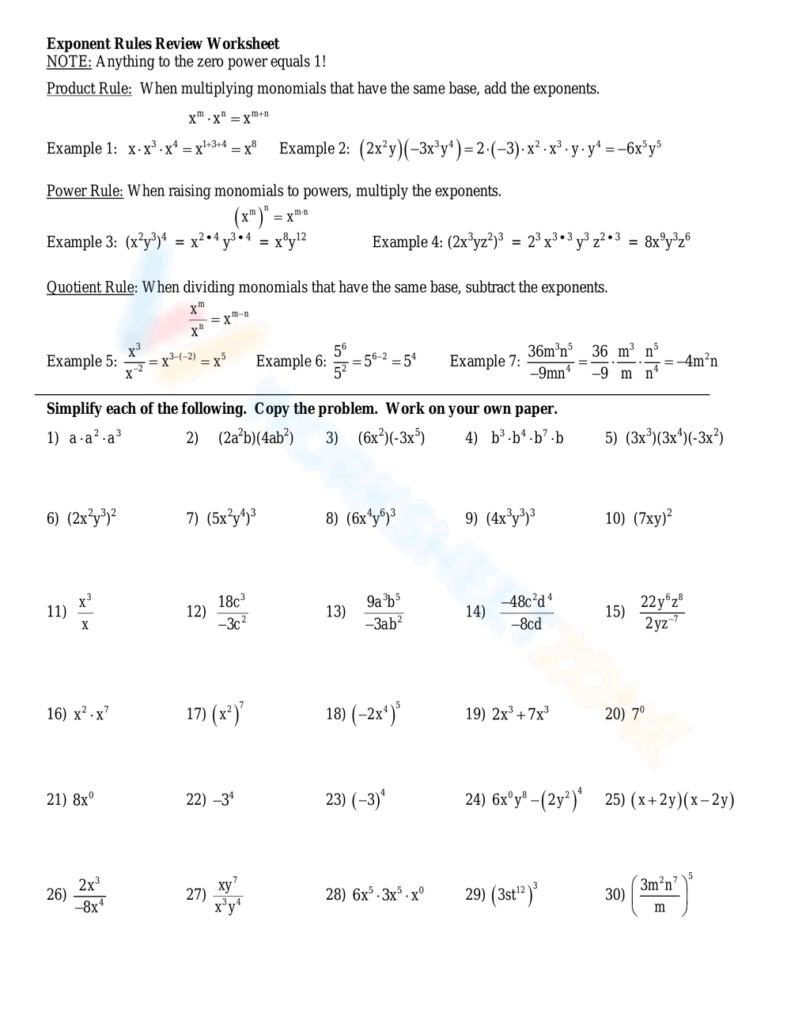 Printable Grade 10 Exponent Rules Review Worksheets Download