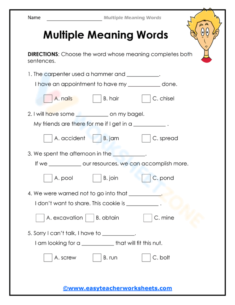 Printable Grade 12 Multiple Meaning Words Worksheets