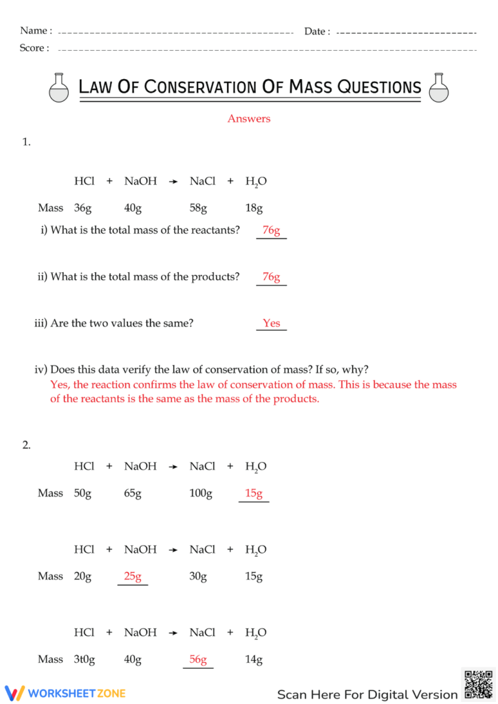 Printable Grade 8 Conservation Of Mass Worksheets