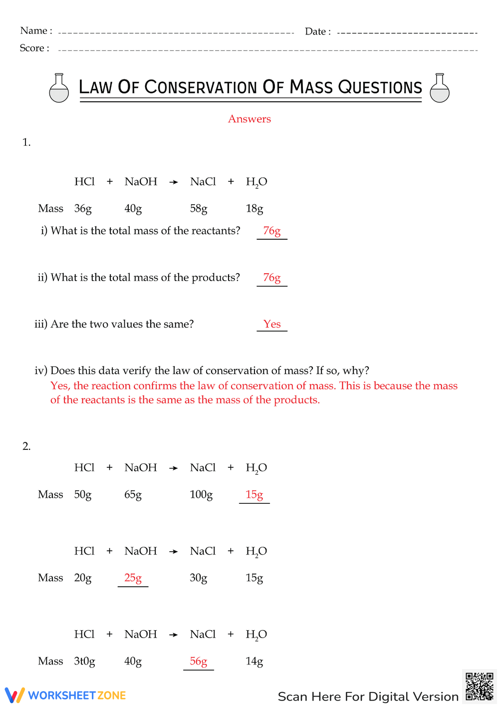 Printable Grade 8 Conservation Of Mass Worksheets