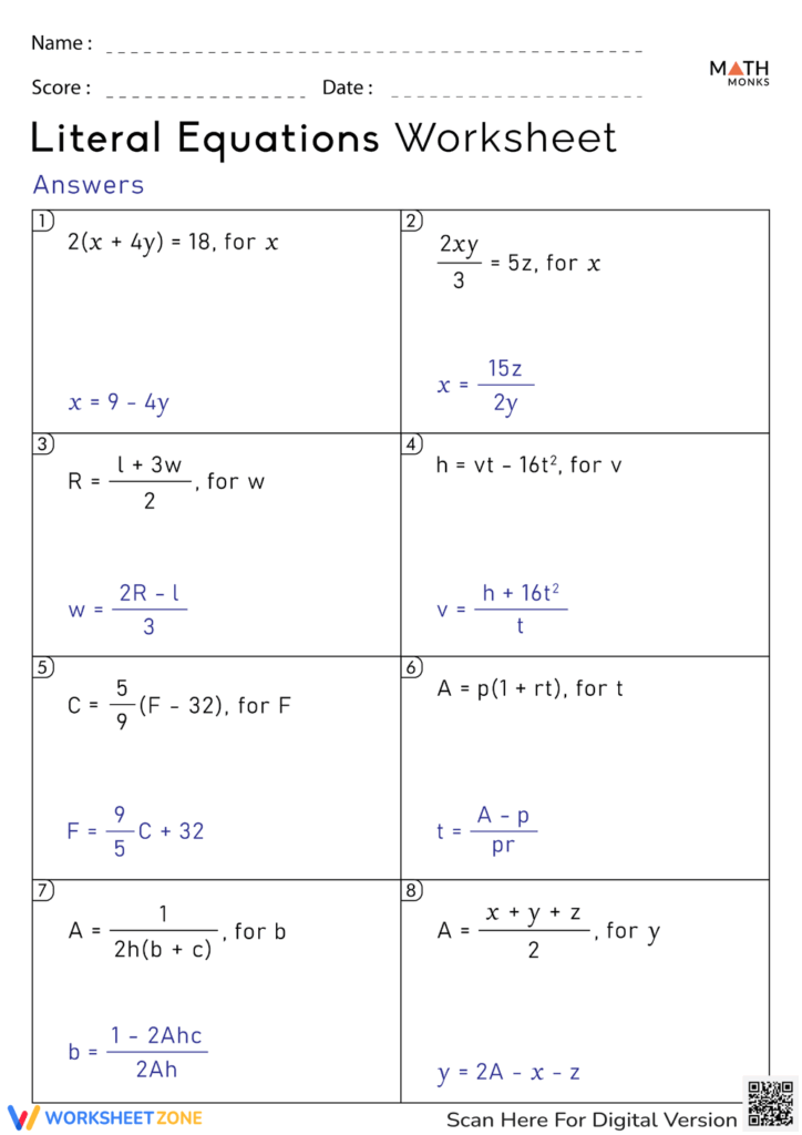 Printable Grade 8 Solving Literal Equations Worksheets