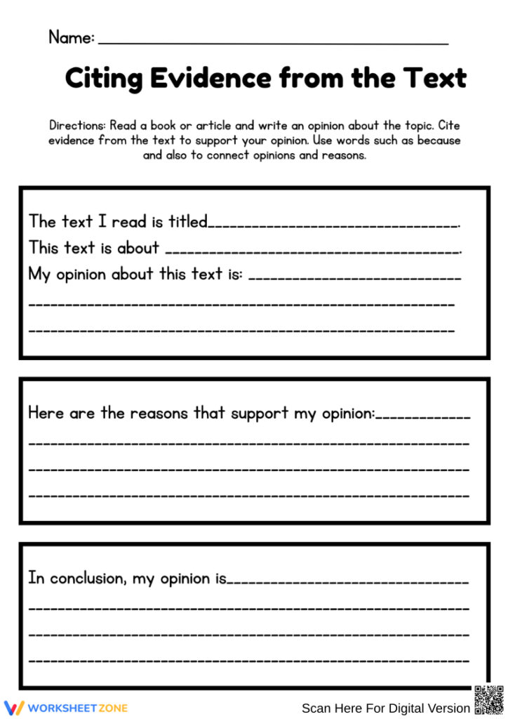 Printable Grade 9 Citing Textual Evidence Worksheets
