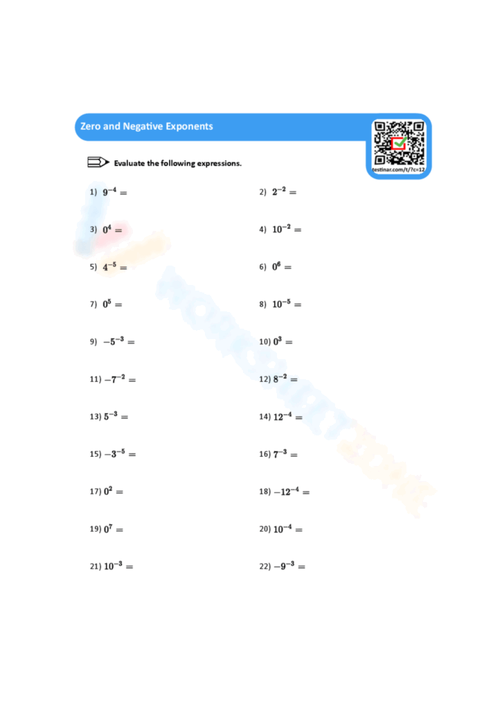 Printable Grade 9 Zero And Negative Exponents Worksheets Download