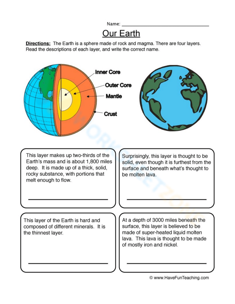 Printable Layers Of The Earth Worksheets