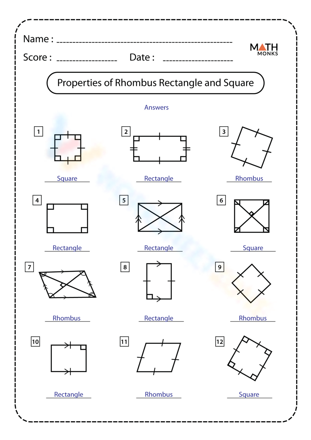 Printable Properties Of Rectangles Worksheets