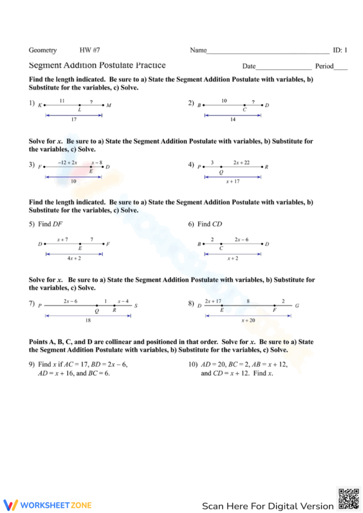 Printable Segment Addition Postulate Worksheets