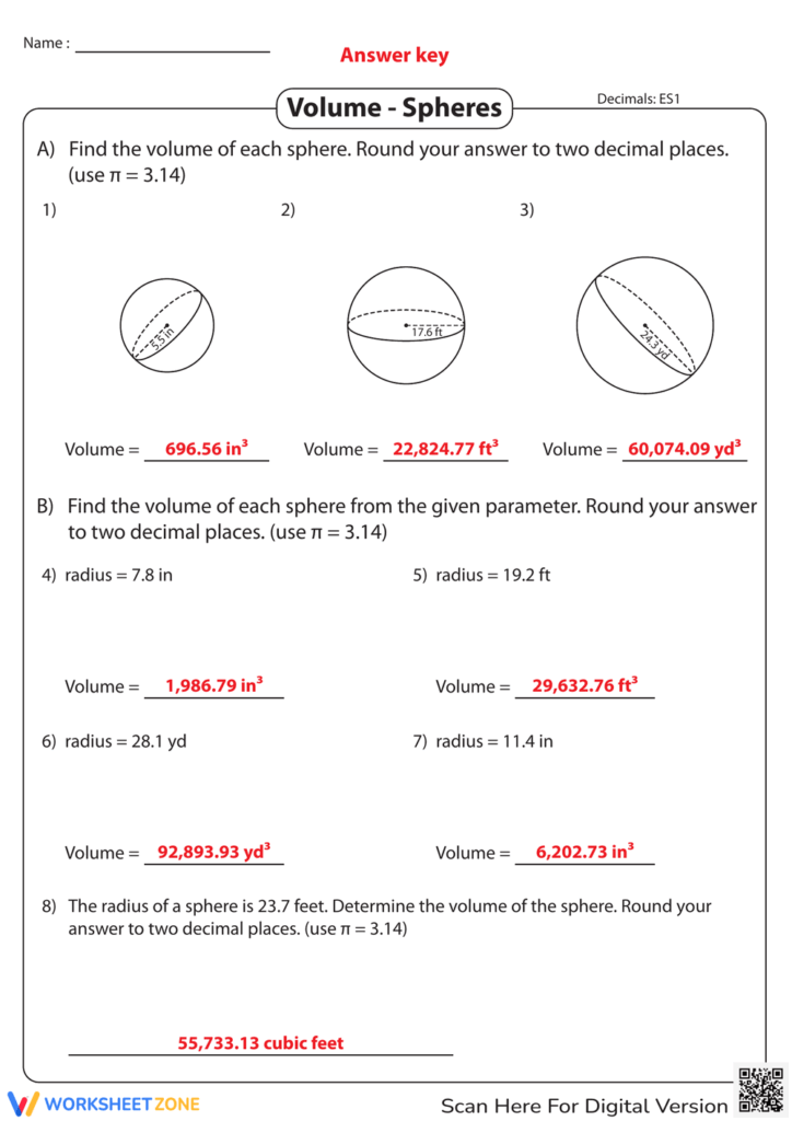 Printable Volume Of A Sphere Worksheets