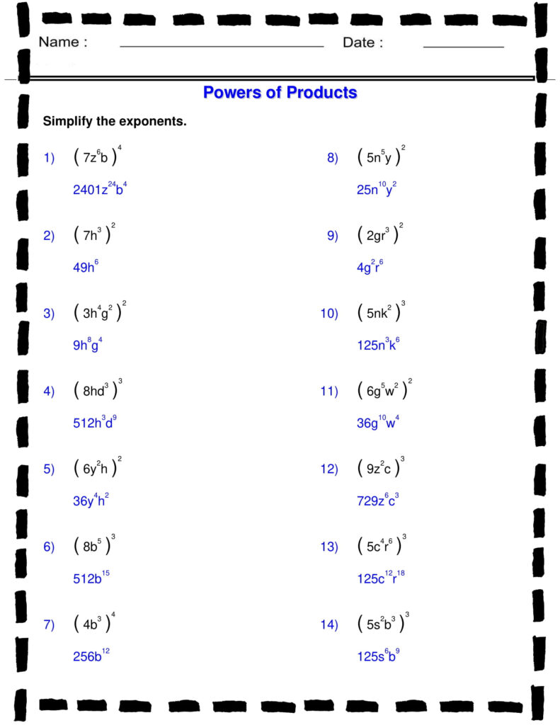 Products To A Power Worksheets Algebra 1 Exponents 1 2 And 3 Terms Made By Teachers