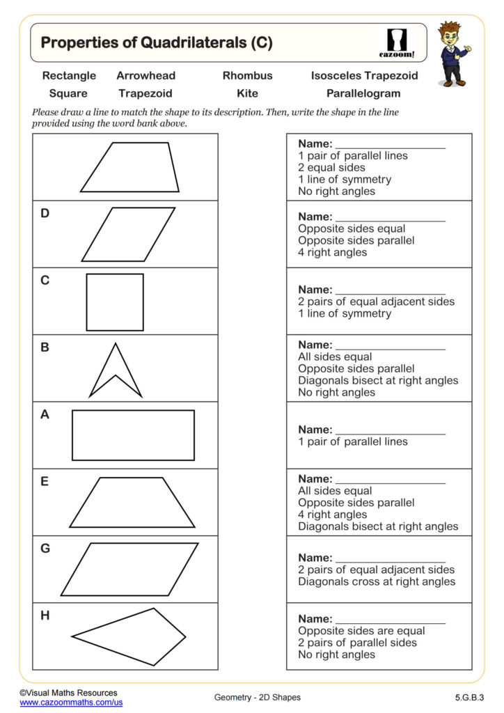 Properties Of Quadrilaterals C PDF Printable Geometry Worksheets Cazoom Math