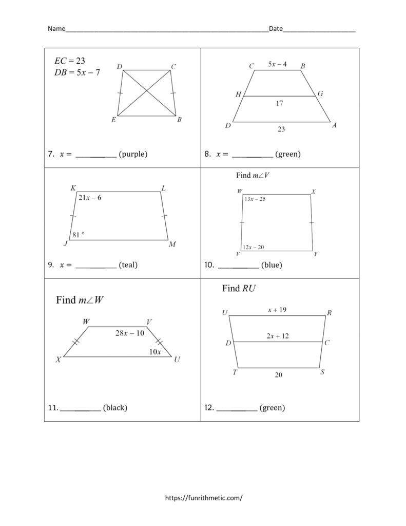 Properties Of Trapezoids Color By Number Funrithmetic