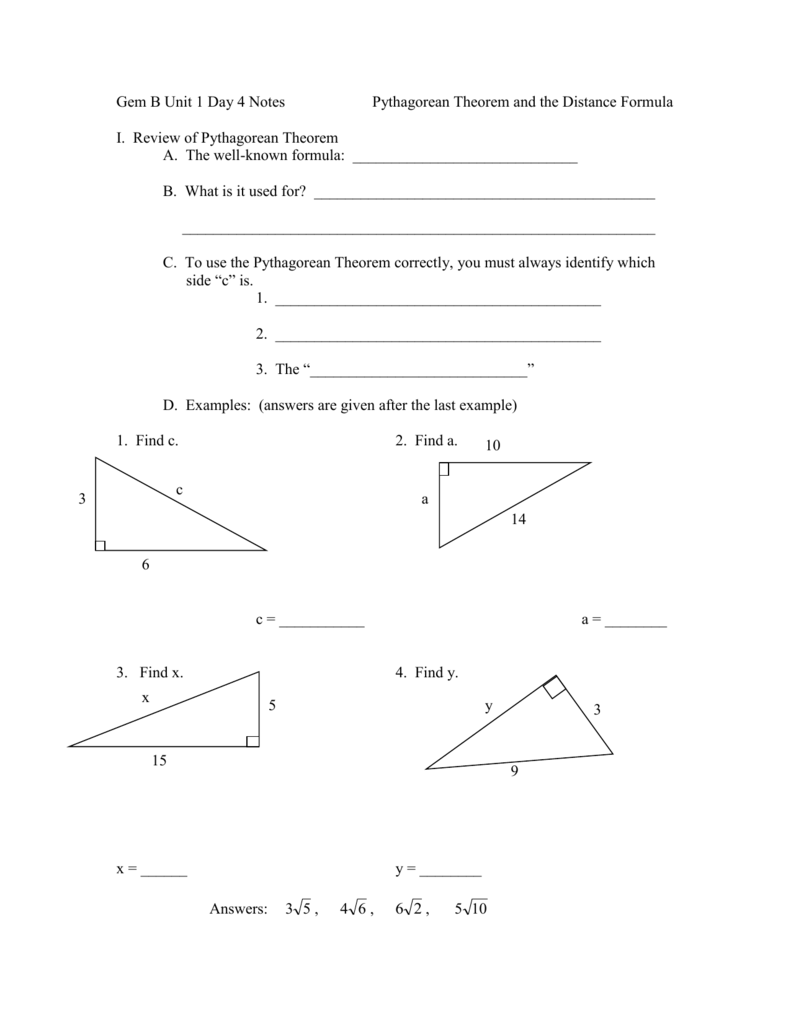 Pythagorean Theorem Distance Formula Notes Pythagorean Theorem Distance Formula Notes