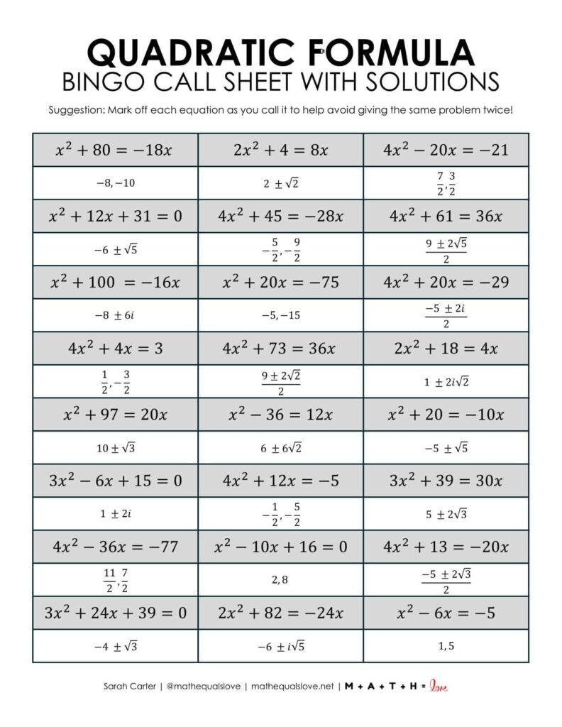 Quadratic Formula Bingo Game Activity FREE Printable PDF 