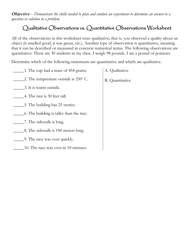 Qualitative Vs Quantitative Observations Worksheet