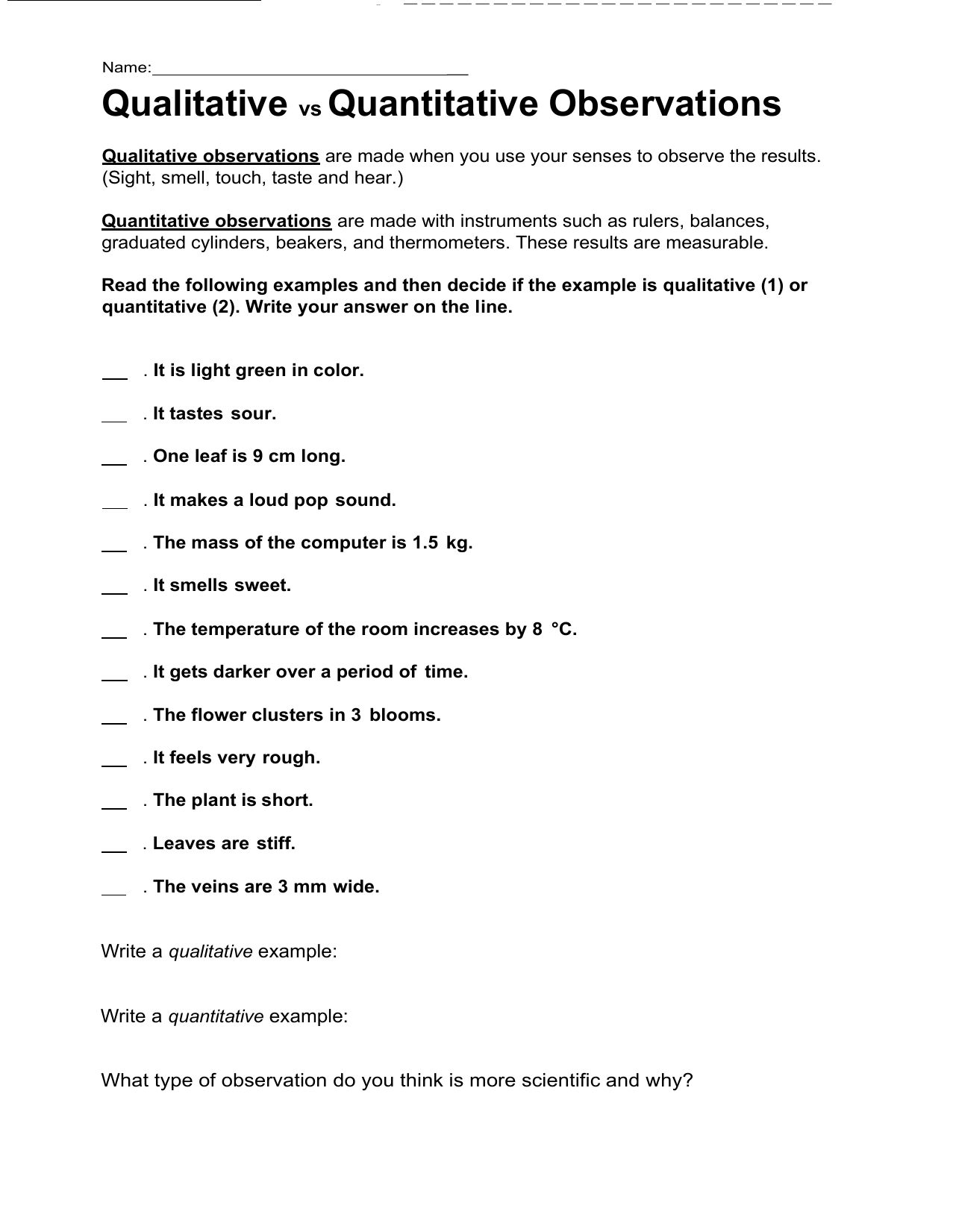 Qualitative Vs Quantitative Observations Worksheet