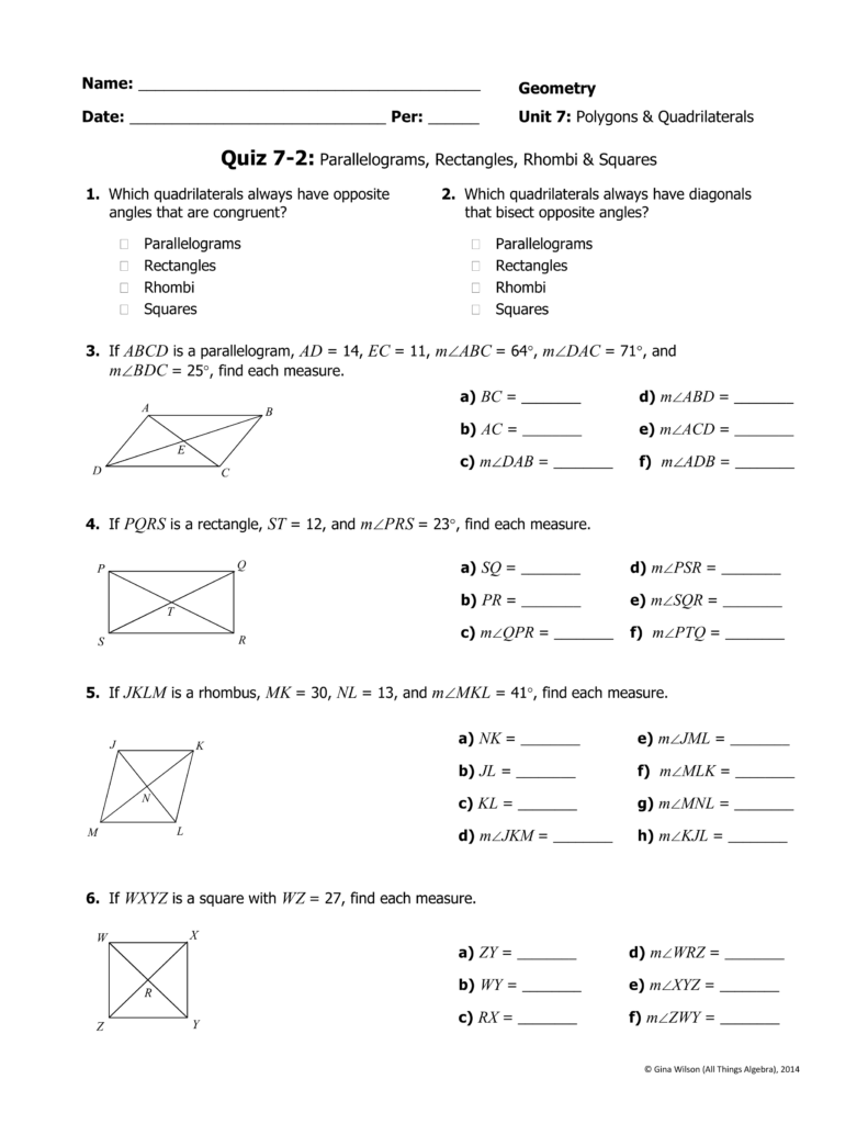 QUIZ 7 2 Parallelograms Rectangles Rhombi Squares David Hagel Library Formative