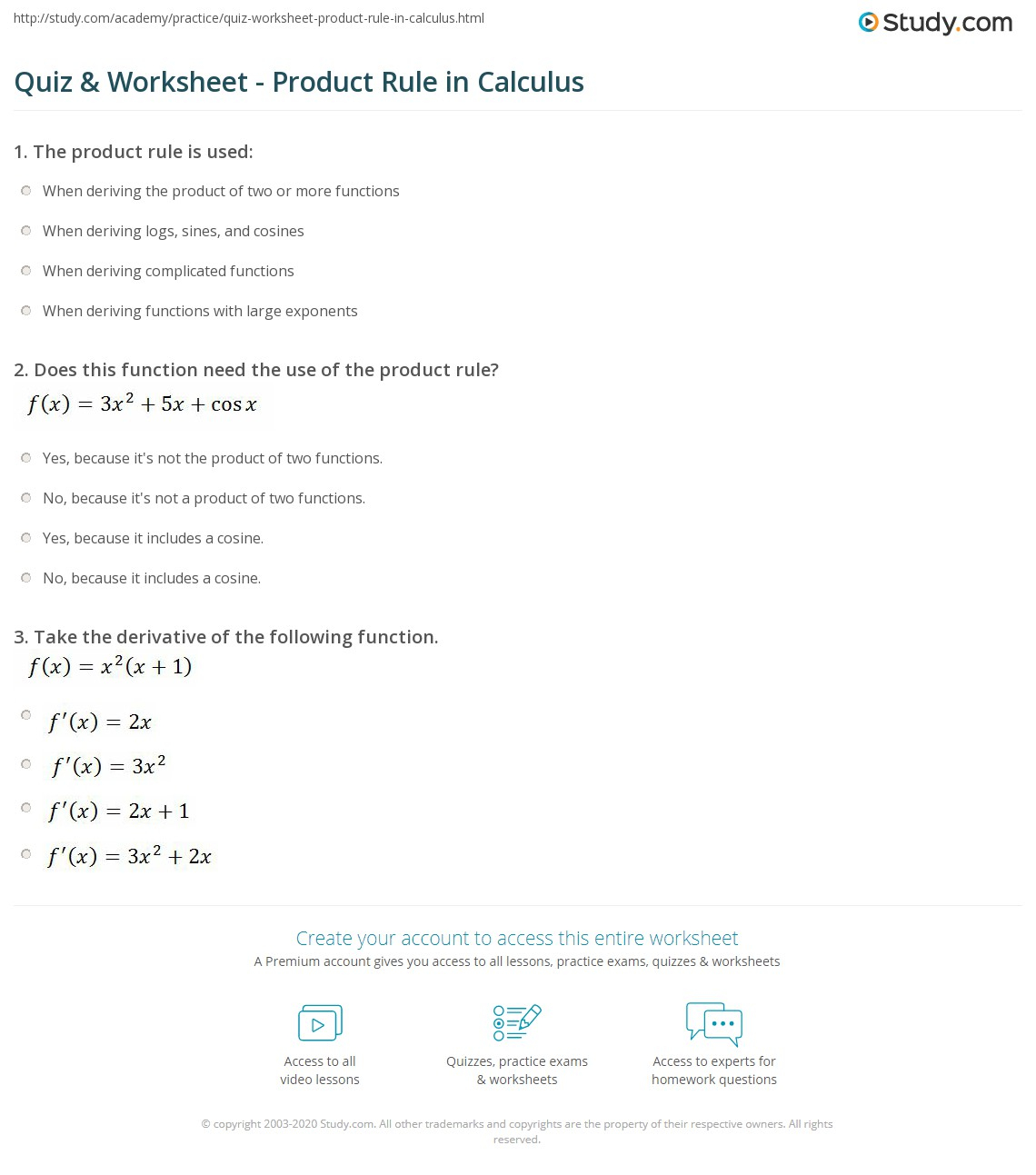 Quiz Worksheet Product Rule In Calculus Study