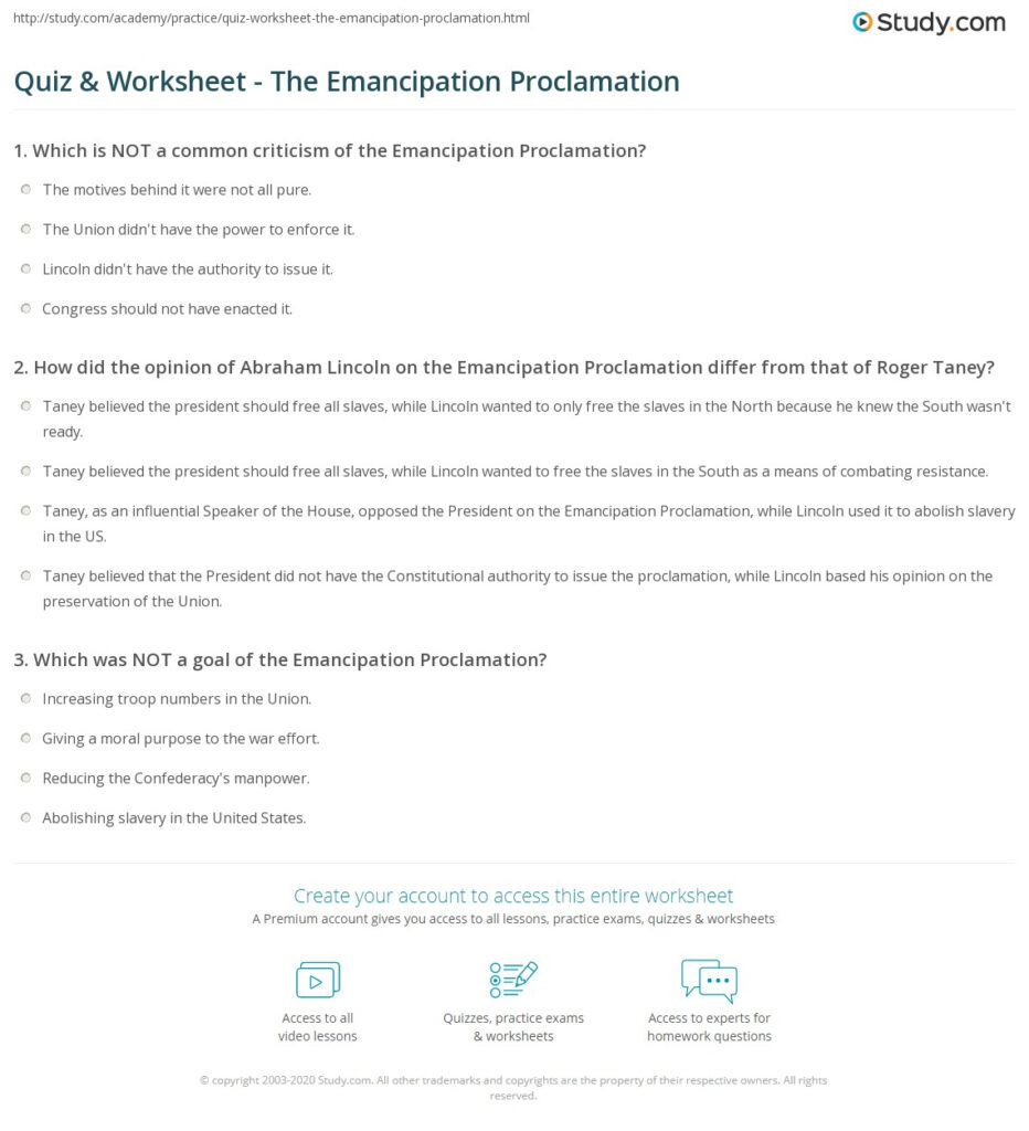 Quiz Worksheet The Emancipation Proclamation Study Worksheets Library