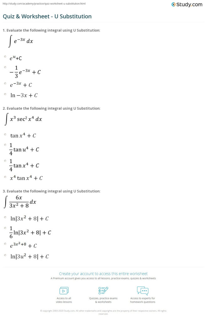 Quiz Worksheet U Substitution Study