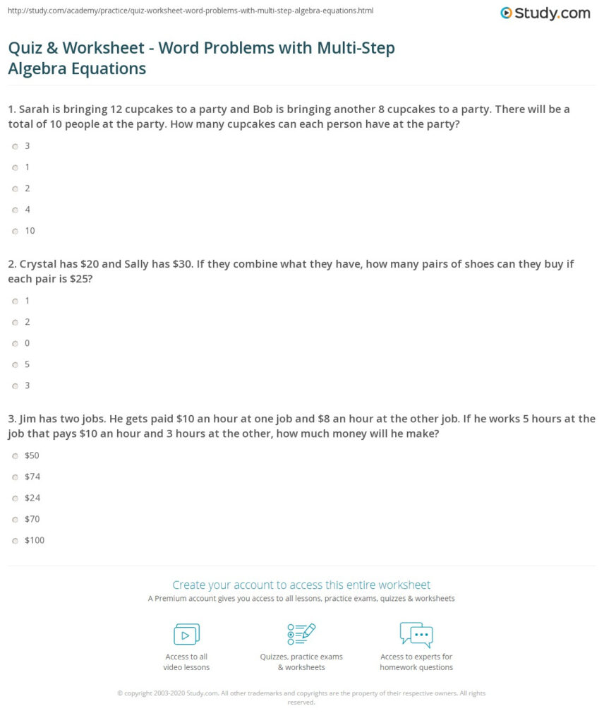 Quiz Worksheet Word Problems With Multi Step Algebra Equations Worksheets Library