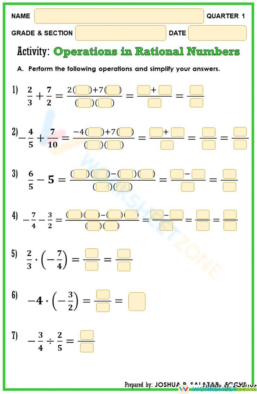 Rational Numbers Operations Practice Worksheet