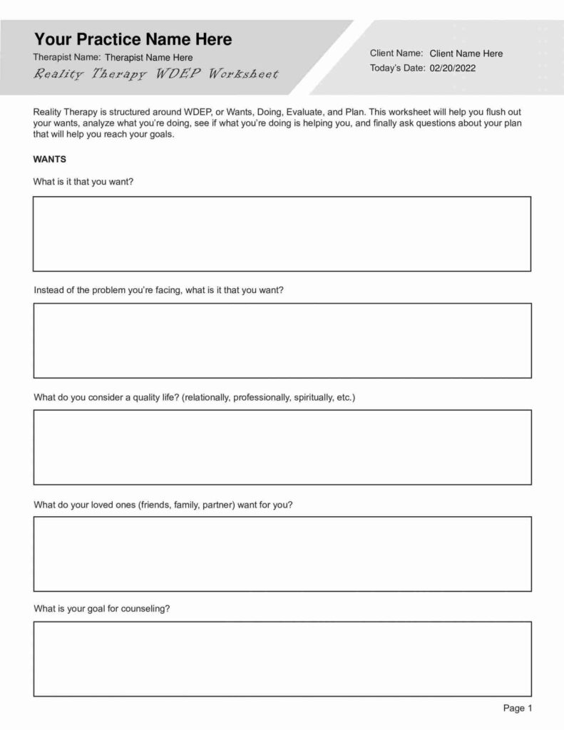 Reality Therapy WDEP Worksheet PDFs TherapyByPro