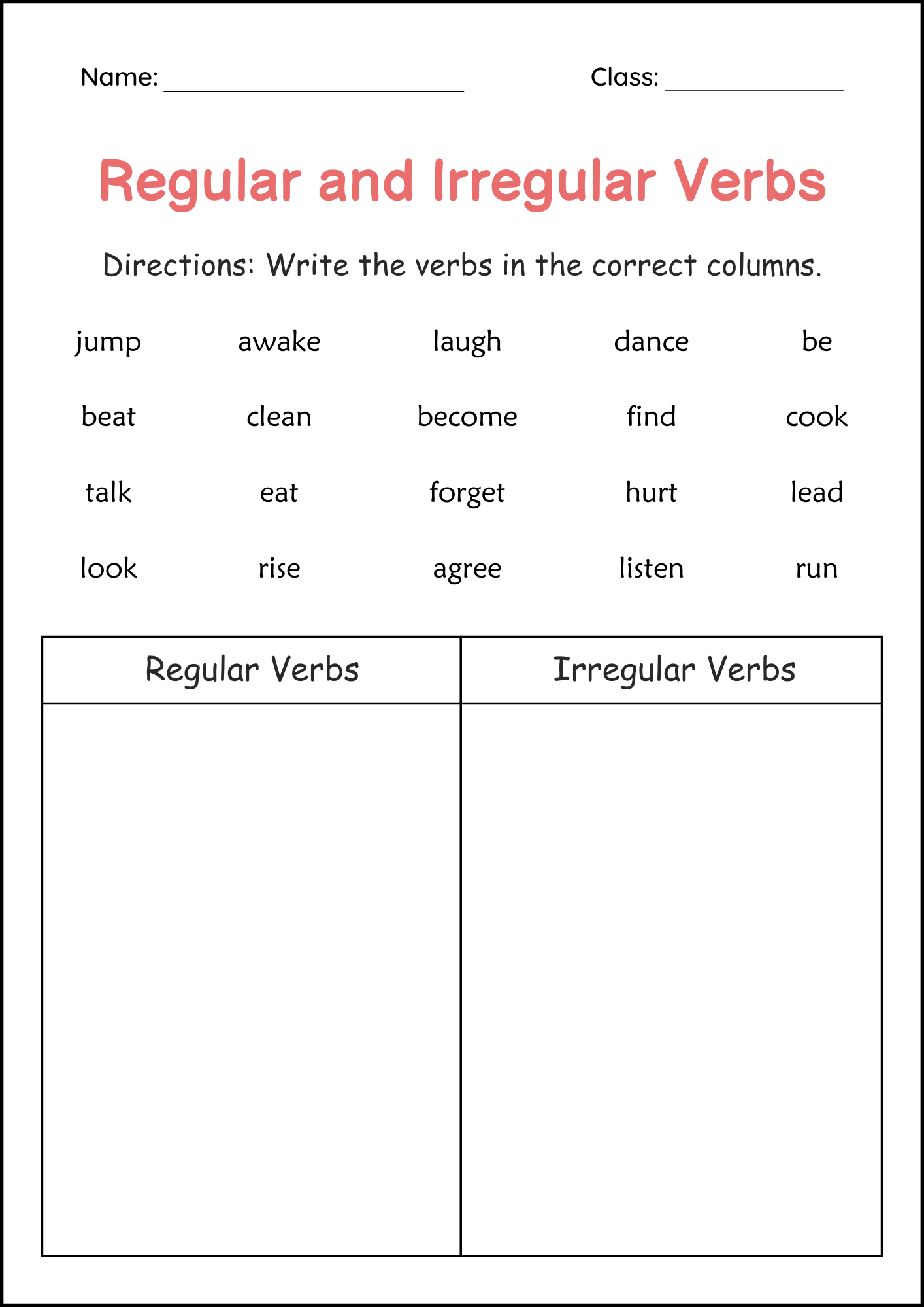 Regular And Irregular Simple Past Tense Verbs Worksheets For Grade 1 2 3 Made By Teachers