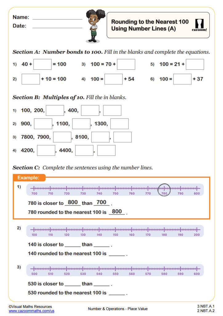 Rounding Numbers To The Nearest 100 Using Number Lines B PDF Printable Number And Operations Worksheets Cazoom Math