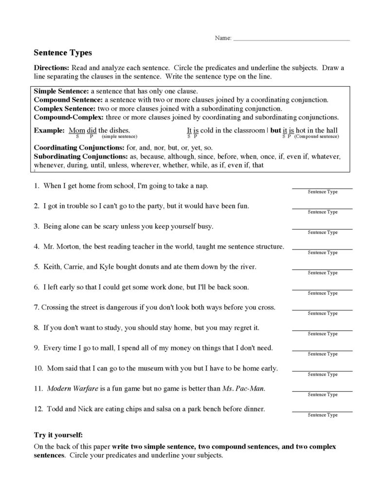 Sentence Types Worksheet Sentence Structure Activity